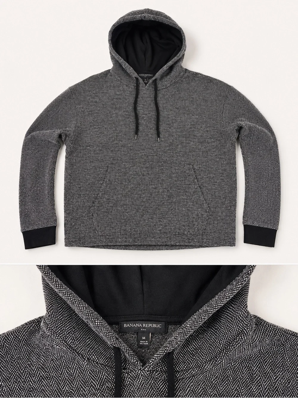 Banana Republic Men's Charcoal Gray Hooded Knit Pullover with Black Accents